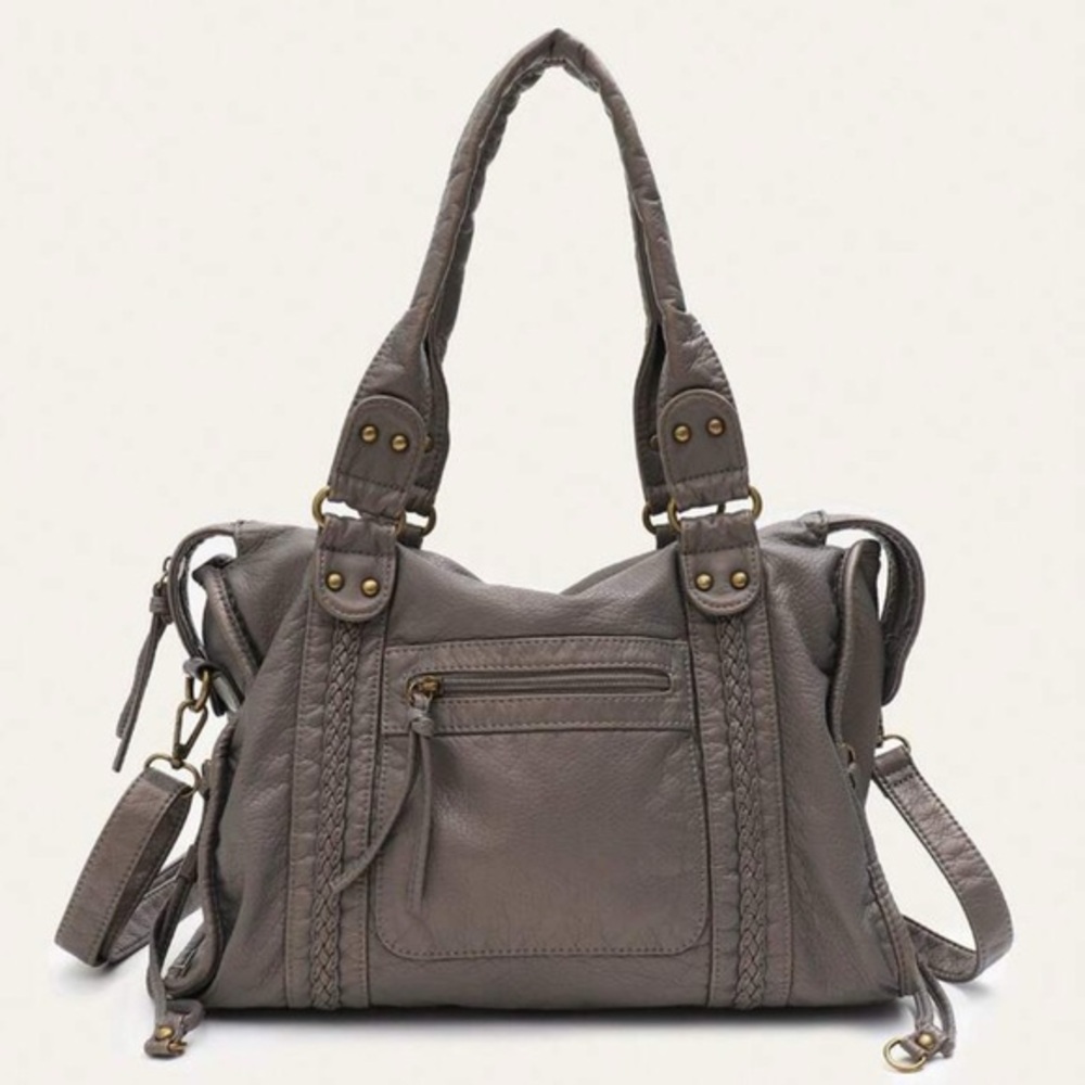 Stephicathy Stone Gray Pebbled Leather Shoulder Bag Braided Detail Crossbody